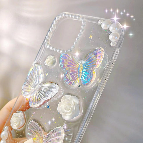 for iPhone 14 Case with Charm Chain Butterfly Flower 3D Cute Phone Case,Crystal Clear Shiny Case with Wrist Bracelet Pearl Shockproof Clear...