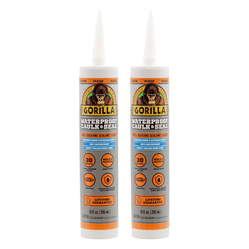 Gorilla Waterproof Caulk & Seal 100% Silicone Sealant; Clear; 10oz Cartridge (Pack of 2)...