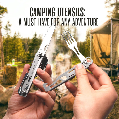 Camping Utensils - 4 In 1 Stainless Steel, Safety Locking Camping Accessories with Durable Sheath - Compact Multi Tool For Camping With Knive, Spo...