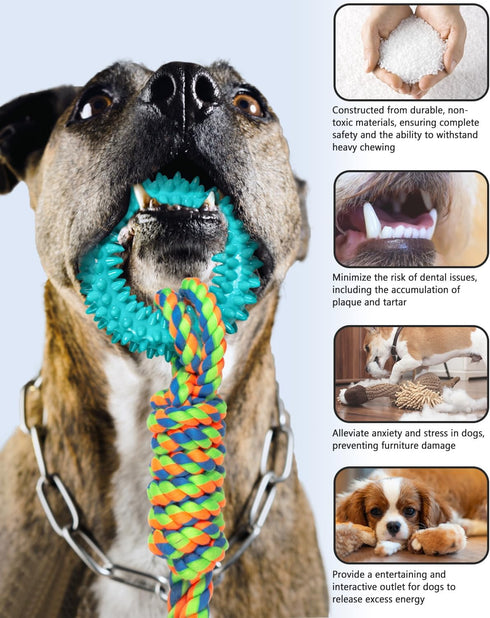 Interactive Dog Toys with Rope and Handle, Dog Chew Toys for Aggressive Chewers, Tug of War Rope Toy Non-Toxic Natural Rubber Long Lasting Dog Toy...