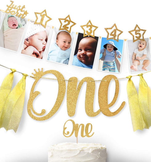 1st Birthday 12 months Photo Banner, Cake Topper, Highchair One Garland. Newborn to 1 Year old Monthly Milestone Picture, Baby Boy & Girl First Go...