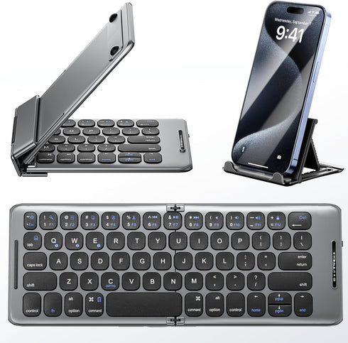 Foldable Bluetooth Keyboard with Stand Holder, Portable Wireless Phone Keyboard, Rechargeable Full Size Ultra Slim Travel Keyboard for iOS, Androi...