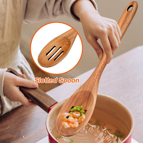 4-Piece 14" Large Wooden Utensils Set for Cooking Spatula Long Handled Slotted Spoon Non-Stick Utensil Slotted Turner Mixing Spoons with Hole Best...