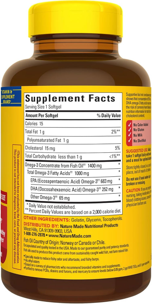 Nature Made Burp Less Ultra Omega 3 Fish Oil Supplements 1400 mg, Omega 3 Supplement for Healthy Heart, Brain and Eyes Support, One Per Day, 90 So...