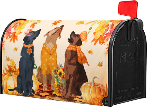 Fall Dog Mailbox Covers Magnetic Standard Size 18"" X 21"",Orange Pumpkin Autumn Maple Leaf Mailbox Wraps Post Letter Box Cover for Holiday Garden...
