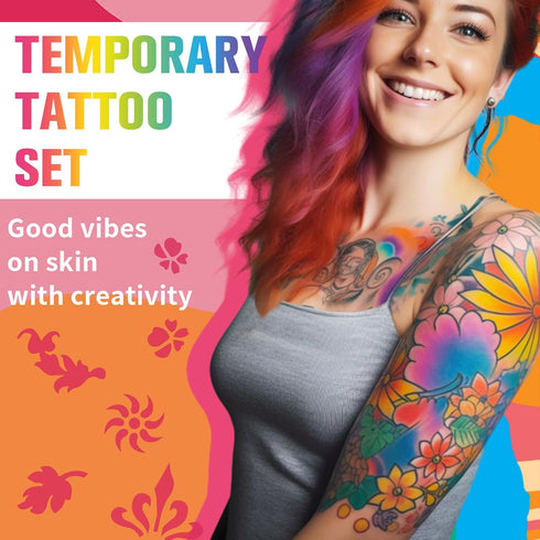 Temporary Tattoo Markers for Skin,15PCS Dual-Ended Tattoo Pen + 50 Paint Stencils + 43 Tattoos Stickers,Glitter & Matte & Neon Glow Body Marker Se...