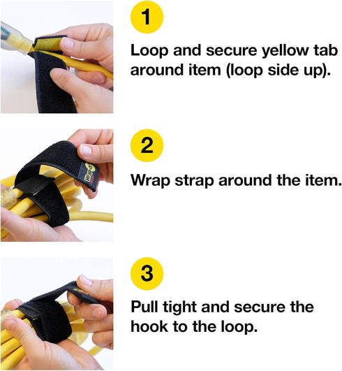 Selfie Straps by Wrap-It Storage, 12-inch (8-Pack), Black - Stretchy Hook and Loop Cord Organizer that Stays Attached to Cord for Electrical Cable...