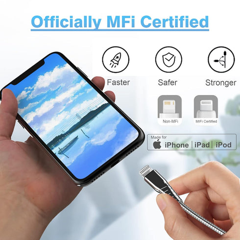 Apple MFi Certified iPhone Metal Braided Charger Cord 6.6Ft Heavy Duty iPhone Fast Charging Cable 304 Stainless Steel Lightning Cable Pet Chew Pro...