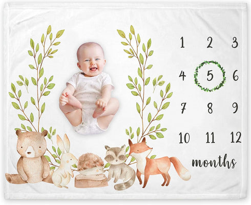 Woodland Milestone Blanket, Forest Animals Baby Growth Chart Monthly Blanket, Watch Me Grow Woodland Bear Fox Baby Nursery for New Moms Baby Showe...