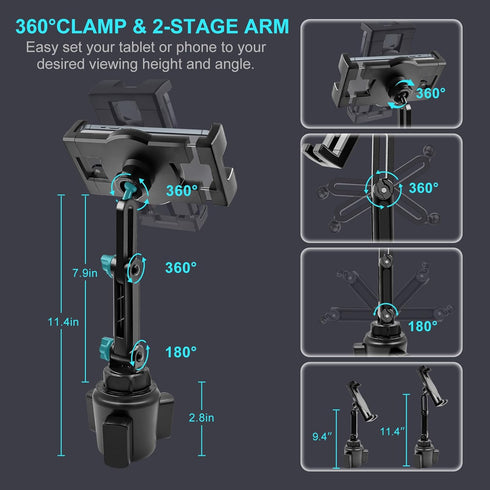 Cup Holder Car Tablet Mount, 360° Adjustable 2-Arm Stand Holder for iPad Pro 12.9/11/10.5/9.7/Air/Mini 6/5/4, Samsung Galaxy Tab/Z Fold 4/3, Amazo...