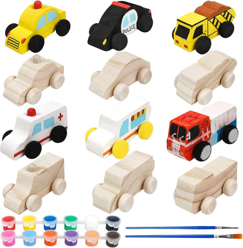 12 Pieces Unfinished Wooden Cars Wood DIY Car Toys Wood Crafts Painting Crafts Kit for Student Easy Woodworking Set Family Activities Arts and Cra...