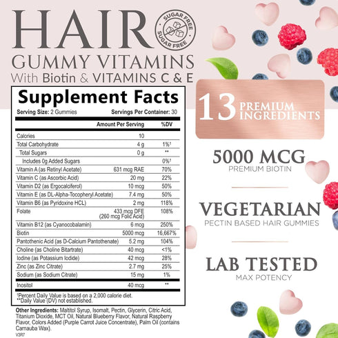 Sugar Free Hair Vitamins Gummies with Biotin 5000 mcg, Vitamin A, B12, C, D, E, Folic Acid, Supports Hair Growth Gummy, Vegetarian Friendly, Suppo...