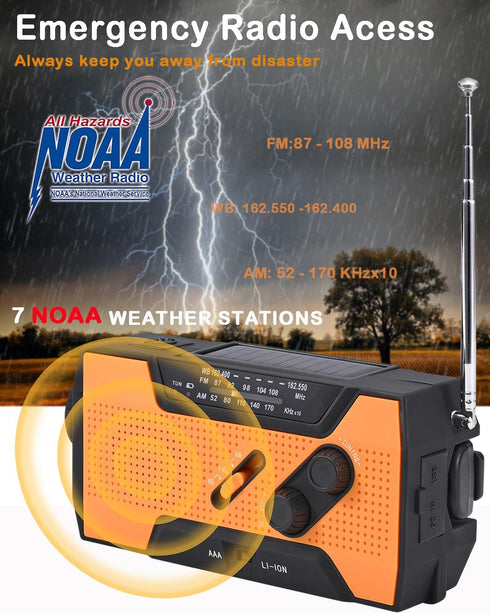 Emergency Weather Radio, Hand Crank, Portable, Solar Charging, with AM/FM/NOAA, LED Flashlights, Reading Lamp, SOS Alarm, Rechargeable (WB02 Yello...