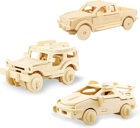 Georgie Porgy 3D Wooden Puzzles for Kids Toys Construction Woodcraft Kits DIY Model Puzzle Kits Birthday Gifts Pack of 3 (Sports Cars Off-Road Veh...