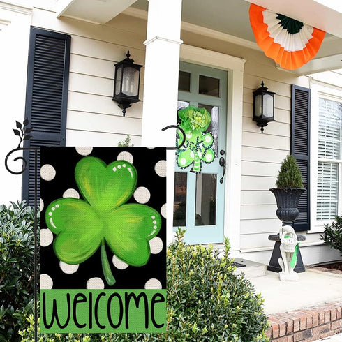 CROWNED BEAUTY St Patricks Day Shamrock Garden Flag 12×18 Inch Double Sided Green Clover Small Burlap Welcome Polka Dots Holiday Yard Flag for Out...