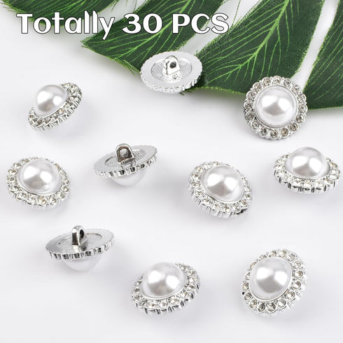 30 Pcs Faux Pearl Buttons with Rhinestone, Silver Retro Vintage Pearl Acrylic Buttons Round Crystal Buttons Sew on Buttons Embellishments for DIY ...