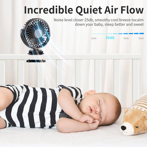 Portable Clip on Fan, 360° Rotate Battery Operated Stroller Fan, 3 Speed Quiet Mini Personal Desk Fan, USB Rechargeable Clooing Fan for Outdoor Ca...