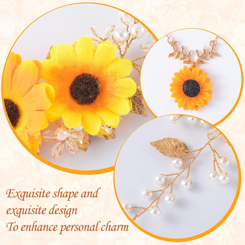 OIIKI Sunflower Bridal Accessories Kit, Wedding Sunflower Headband, Bridal Sunflower Necklace Earrings, Flower Crystal Hair Vine Decorative Clips ...