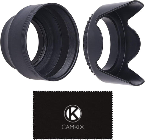 55mm Set of 2 Camera Lens Hoods - Rubber (Collapsible) + Tulip Flower - Sun Shade/Shield - Reduces Lens Flare and Glare - Blocks Excess Sunlight f...