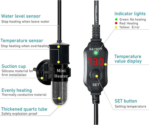 Mini Submersible Aquarium Heater, 10/20/25/50/100/150 Watts Adjustable Fish Tank Heater, Built-in Thermometer, External Temperature Controller, Sm...