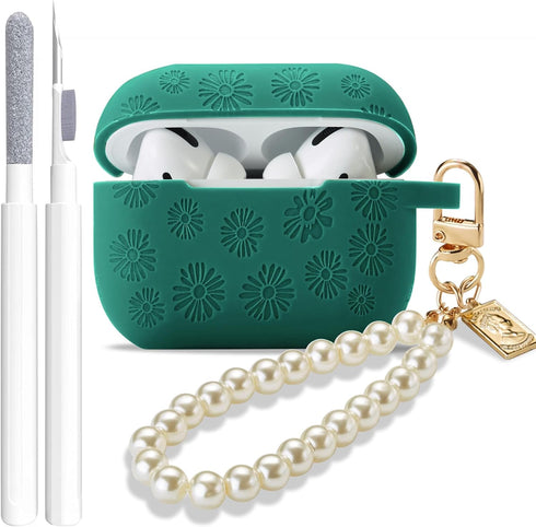 Flower Engraved Case for Airpods Pro 2nd/1st Generation Case with Cleaner Kit, Silicone Airpod Pro Protective Cover with Luxury Pearl Keychain for...
