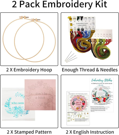 Nuberlic 2 Sets Funny Embroidery Kit for Beginners Adults, Embroidery Starter Kit with Stamped Floral Pattern, Simple Cross Stitch Kits Include Em...