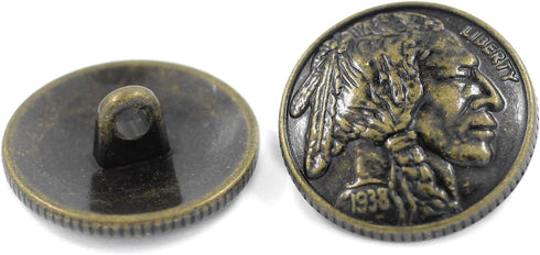 Bezelry 12 Pieces Indian Head Coin Style Metal Shank Buttons. 21mm (13/16 inch) (Antique Brass)...