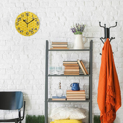 Yellow Bees and Honey Wall Clock Battery Operated Non Ticking Silent Quartz Analog Rustic Farmhouse Round Clock Retro Decor for Home Kitchen Livin...