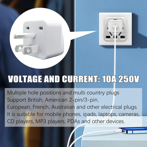 US Plug Adapter for USA, EU, UK, Australia, JP, Asia, Italy, Swiss - Convert Round to Flat Pin to USA Type B 3-Prong Male Plug Wall Outlet Power C...