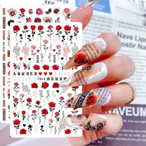 Flower Nail Art Stickers Decals 6Sheets Spring Rose 3D Self-Adhesive Nail Stickers Flowers Rose Butterfly Design Nail Decals for Nail Art Women Gi...