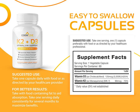 Vitamin D3 5000 IU with Vitamin K2 (MK7) Supplement - Premium Immune, Heart & Bone Health Capsules - Vitamin K2 D3 Complex with 5000 IU of Vitamin...