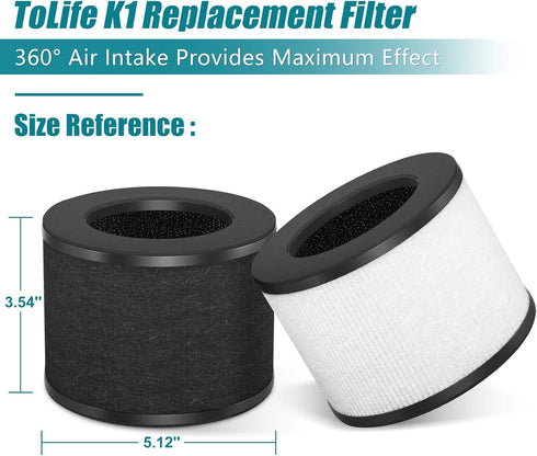 ToLife TZ-K1 Air Purifier Replacement Filter, MK01 MK06 Air Purifiers, 3-in-1 H13 HEPA Filter Replacement for Smoke Pollen Dander, Black...