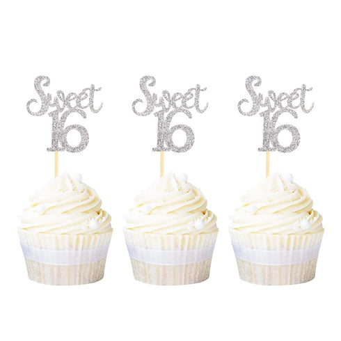 Ercadio Silver Sweet 16 Cupcake Toppers Glitter Age Sixteen Cupcake Picks 16th Birthday Party Cake Decorations Supplies 24 PCS...