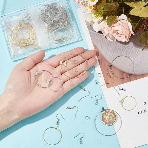 DELORIGIN 192pcs Earring Making Kit with Round Beading Hoop Earring Finding Stainless Steel Earring Finding Component Earring Hooks Jump Rings for...