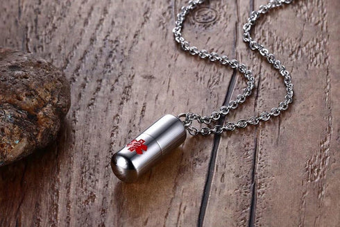DIB Stainless Steel Medical Alert ID Pill Bottle Container Pendant Necklace for Men Women, Free Chain 20"...