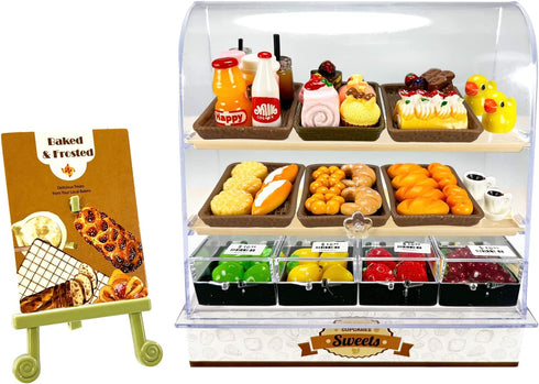 86 Pieces Miniature Bakery Case Cake Stand Display Cabinet with Food Set Mini Plastic Counter Dessert Donuts for 1:12 Doll House Store Scene Decor...
