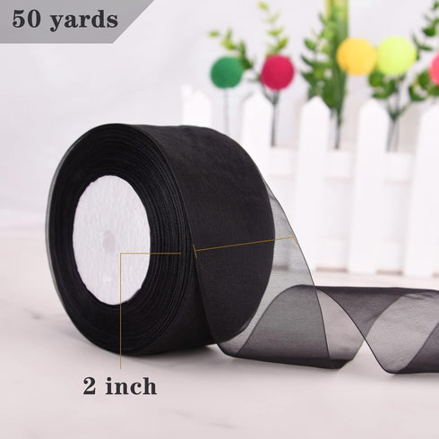 2 Inch Sheer Organza Chiffon Ribbon for Bouquet Home Party Decoration, 50 Yards (Black)...