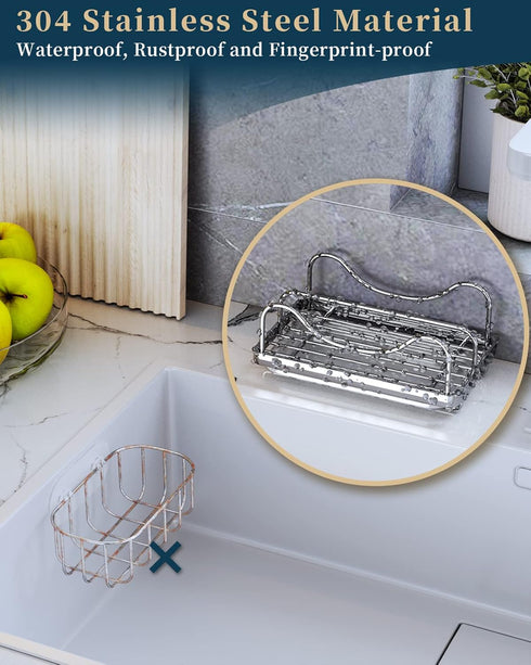 Consumest Sponge Holder for Kitchen Sink, Movable Sink Caddy for Countertop Organizer, 304 Stainless Steel Sink Sponge Holder with Detachable Drip...