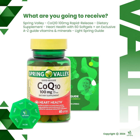 Rapid-Release CoQ10 100 mg, 60 Softgels with Bundle Exclusive Vitamins & Minerals - A to Z - Better Ligth&Spring Guide + Weekly Pill Organizer (3 ...