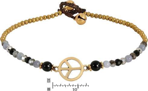 AeraVida Vintage Peace Sign with Simulated Black Onyx-Simulated Quartz & Fashion Brass Beads Link Anklet | Handmade Brass Bead Bell Anklets | Bead...