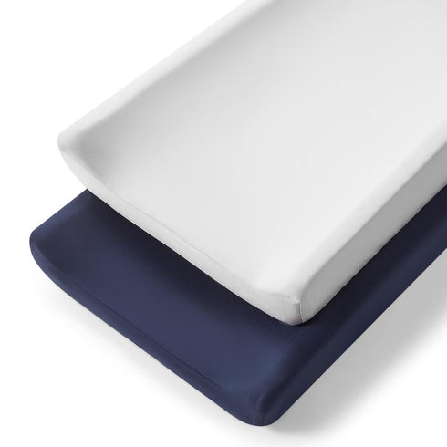 TILLYOU Changing Pad Cover Set in Soft Jersey Material - Fits 32"/34''x16 Contoured Pad for Babies, Navy Blue & Lt Gray...
