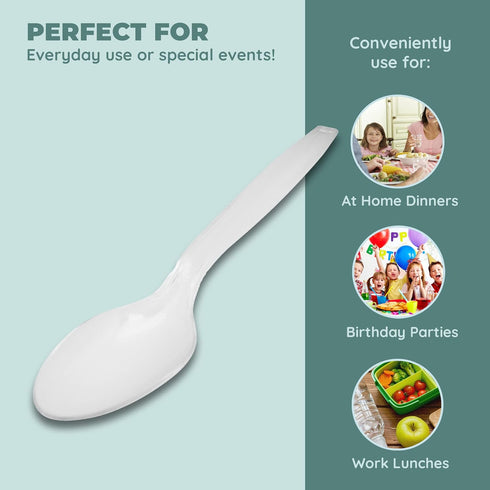 Disposable White Plastic Spoons, Plastic Cutlery: Utensils for Parties, Picnics, Office Home & School - 100 Count...