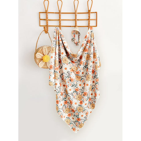 Konssy Baby Girl Newborn Receiving Blanket with Headband Set Baby Swaddle Floral Motif Nursery Swaddle Wrap...