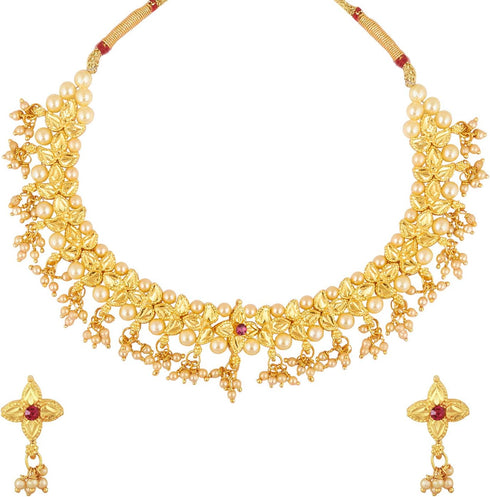 Traditional Indian Temple Gold Jewelry Necklace Set 22K with Earrings for Women & Girls (SJ_2682)...