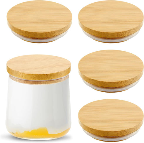 Sawysine Yogurt Jar Lids Set Reusable Bamboo Wooden Round Canning Lids with Silicone Sealing Rings Compatible with Oui Yogurt Jars Not Included(4 ...