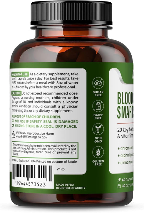 Blood Sugar Smarts Dietary Supplement 20 Key Herbs, Minerals & Vitamins with Chromium, ALA, Cinnamon & Bitter Melon for Men Women Non-GMO Natural ...