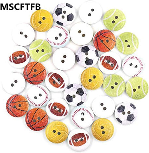 100 Pieces 3/4inch Ball Sports Painting Round Wood Buttons Football Baseball Soccer Volleyball Tennis 2 Holes Sewing Wooden Flatback Buttons for K...