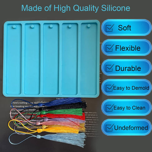 Szecl Bookmark Mold with Tassels, Rectangle Bookmark Silicone Mold for Epoxy Resin Casting 3.90 inch Resin Bookmark Mold Kit with 10 Pcs Colorful ...