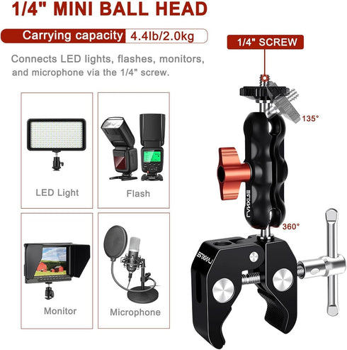 Super Clamp Camera Mount with Double Ball Head Adapter - Compatible with Canon Nikon DSLR, Gopro, LED Lights, Ronin-M/MX, Freefly MOVI - 360° Rota...