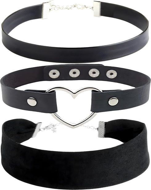 Black Leather, Velvet, Heart Pendant Choker 90s Accessories Goth Style Classic Punk Gothic Neck Collar Choker Necklace for Women and Men, Pack of ...